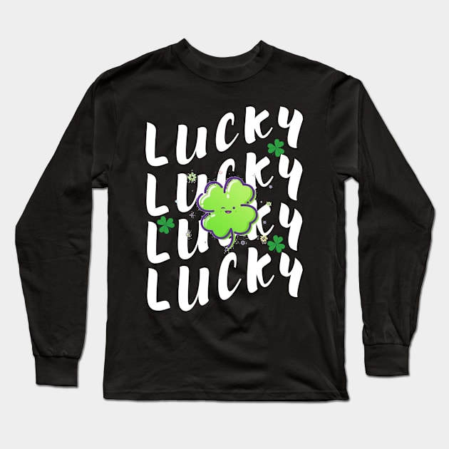 Repeating LUCKY Word White Design Long Sleeve T-Shirt by FETTLE FREAK